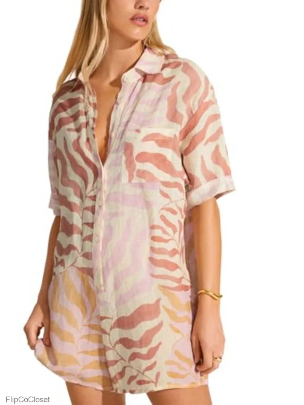 Linen Short Romper Swimsuit Cover Up with Shell Buttons